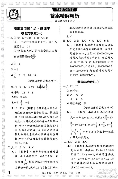 江西人民出版社2024年春王朝霞各地期末试卷精选六年级数学下册苏教版河南专版答案