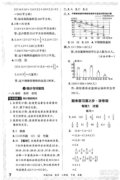 江西人民出版社2024年春王朝霞各地期末试卷精选六年级数学下册苏教版河南专版答案