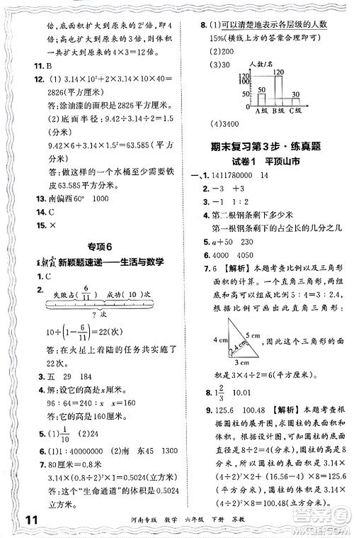 江西人民出版社2024年春王朝霞各地期末试卷精选六年级数学下册苏教版河南专版答案