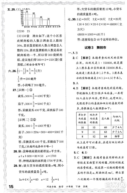 江西人民出版社2024年春王朝霞各地期末试卷精选六年级数学下册苏教版河南专版答案