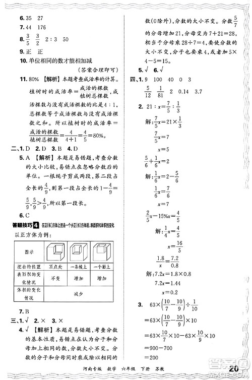 江西人民出版社2024年春王朝霞各地期末试卷精选六年级数学下册苏教版河南专版答案