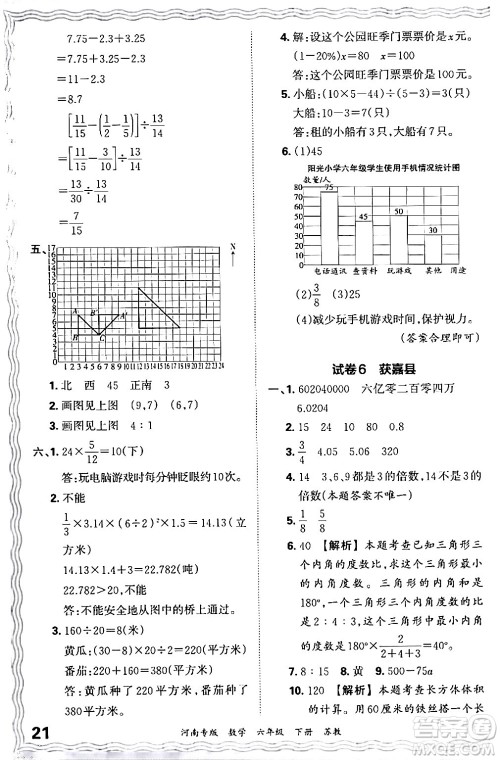 江西人民出版社2024年春王朝霞各地期末试卷精选六年级数学下册苏教版河南专版答案