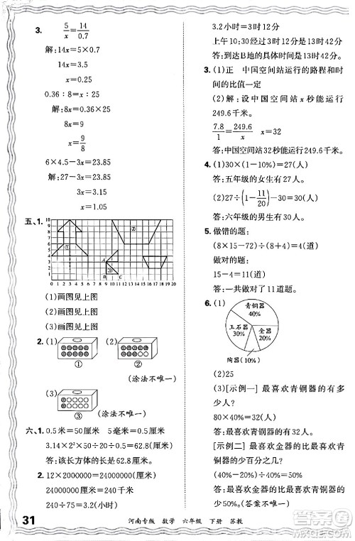 江西人民出版社2024年春王朝霞各地期末试卷精选六年级数学下册苏教版河南专版答案