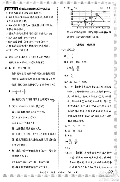 江西人民出版社2024年春王朝霞各地期末试卷精选五年级数学下册苏教版河南专版答案