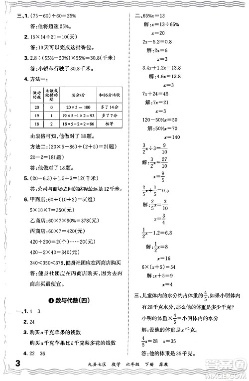 江西人民出版社2024年春王朝霞各地期末试卷精选六年级数学下册苏教版洛阳专版答案