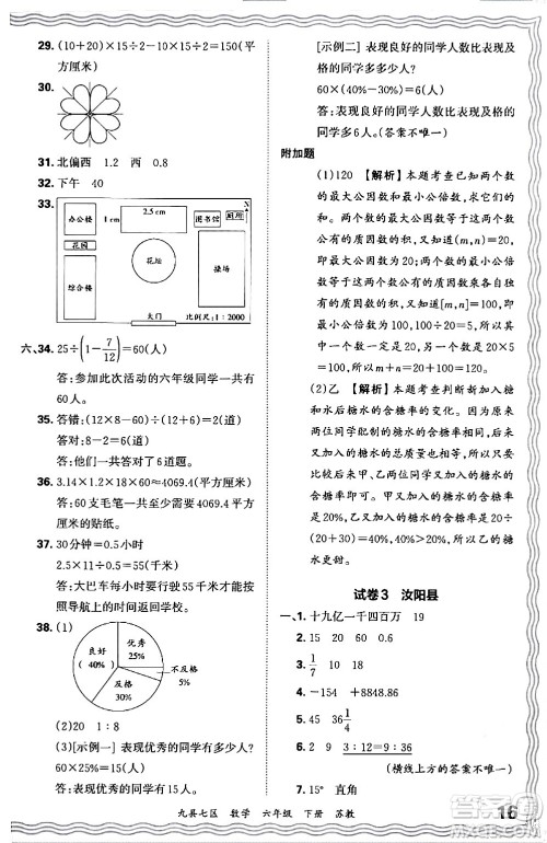 江西人民出版社2024年春王朝霞各地期末试卷精选六年级数学下册苏教版洛阳专版答案