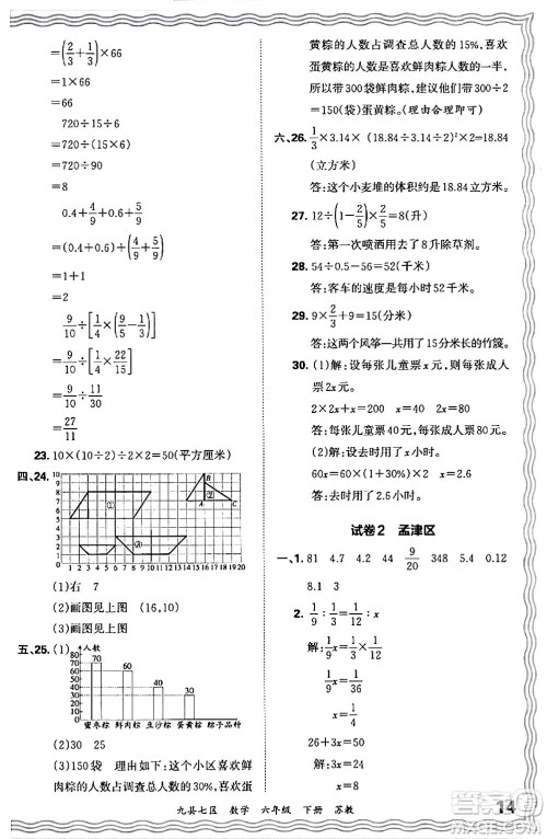江西人民出版社2024年春王朝霞各地期末试卷精选六年级数学下册苏教版洛阳专版答案