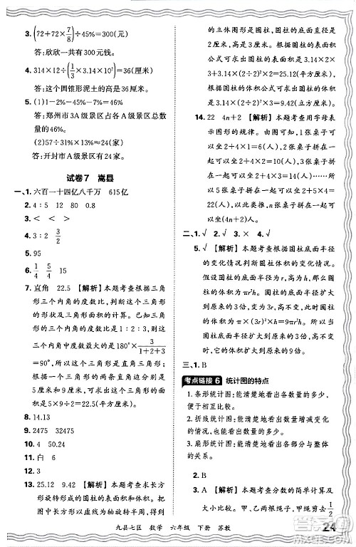 江西人民出版社2024年春王朝霞各地期末试卷精选六年级数学下册苏教版洛阳专版答案