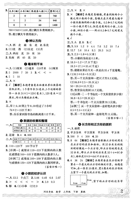 江西人民出版社2024年春王朝霞各地期末试卷精选三年级数学下册冀教版河北专版答案