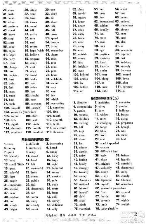 江西人民出版社2024年春王朝霞各地期末试卷精选七年级英语下册新课标版河南专版答案