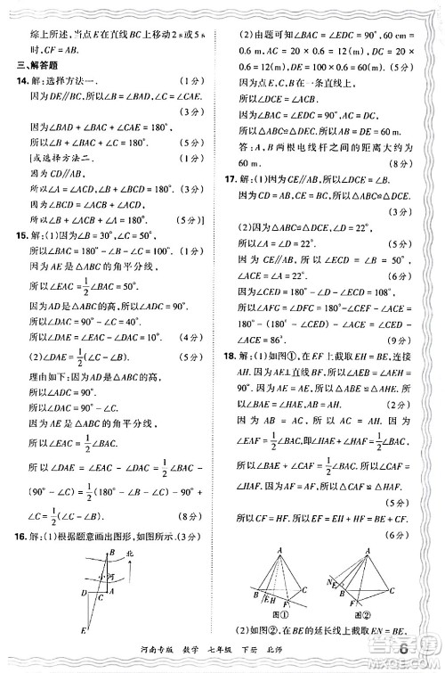 江西人民出版社2024年春王朝霞各地期末试卷精选七年级数学下册北师大版河南专版答案