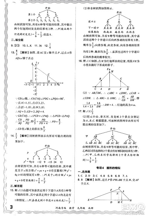 江西人民出版社2024年春王朝霞各地期末试卷精选九年级数学下册北师大版河南专版答案