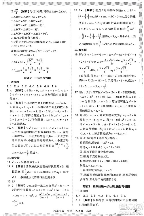 江西人民出版社2024年春王朝霞各地期末试卷精选九年级数学下册北师大版河南专版答案