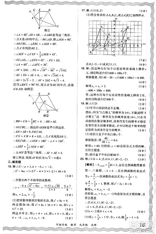 江西人民出版社2024年春王朝霞各地期末试卷精选九年级数学下册北师大版河南专版答案