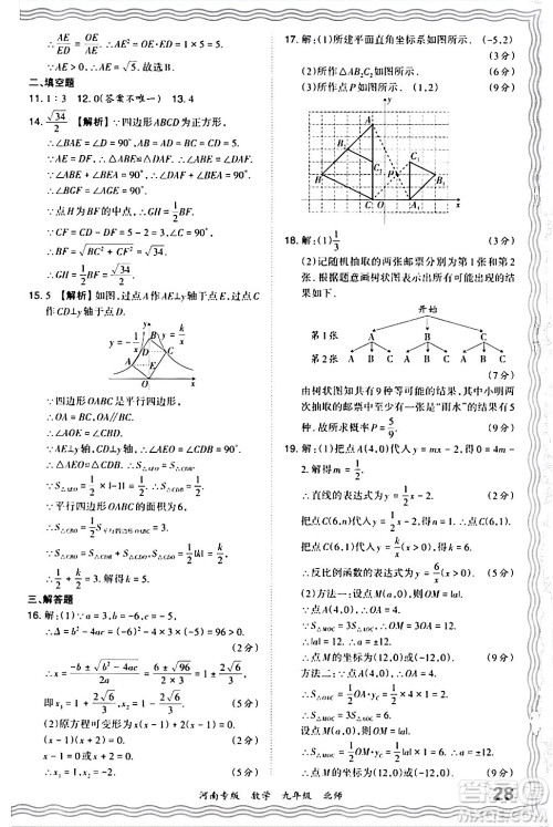 江西人民出版社2024年春王朝霞各地期末试卷精选九年级数学下册北师大版河南专版答案