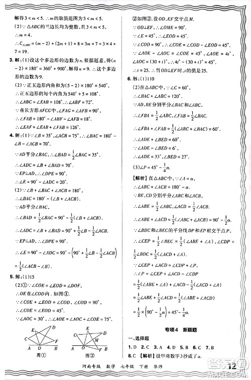 江西人民出版社2024年春王朝霞各地期末试卷精选七年级数学下册华师版河南专版答案