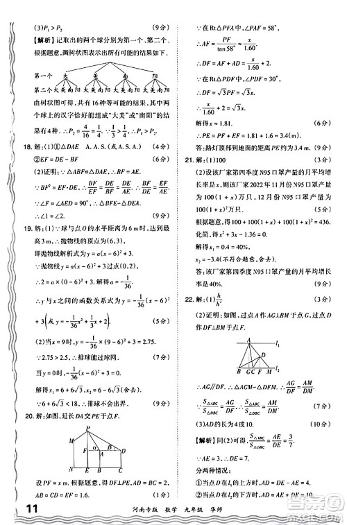 江西人民出版社2024年春王朝霞各地期末试卷精选九年级数学下册华师版河南专版答案