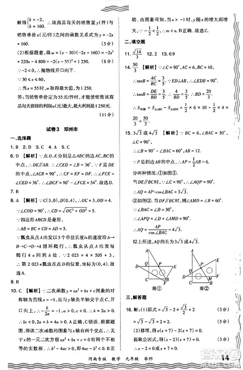 江西人民出版社2024年春王朝霞各地期末试卷精选九年级数学下册华师版河南专版答案