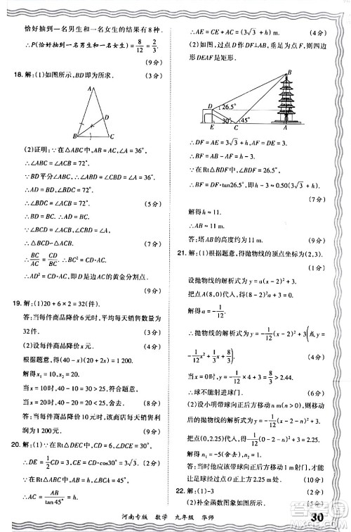 江西人民出版社2024年春王朝霞各地期末试卷精选九年级数学下册华师版河南专版答案