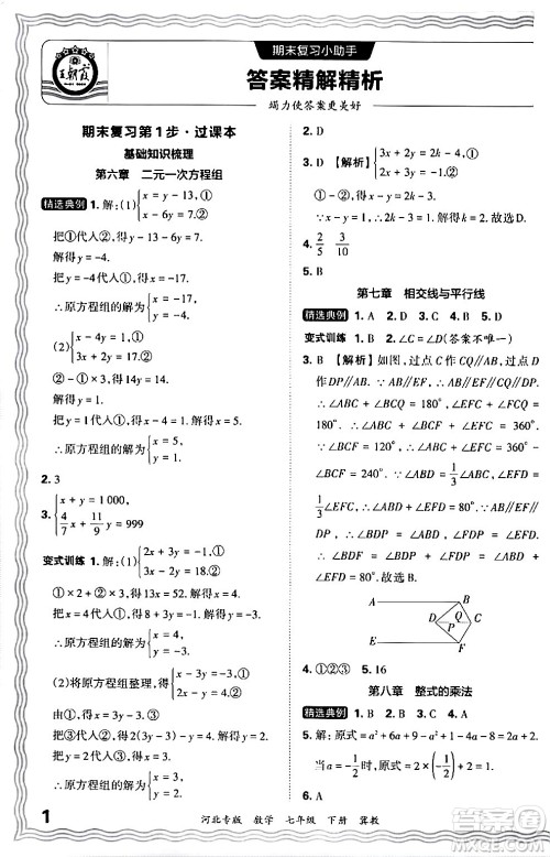 江西人民出版社2024年春王朝霞各地期末试卷精选七年级数学下册冀教版河北专版答案