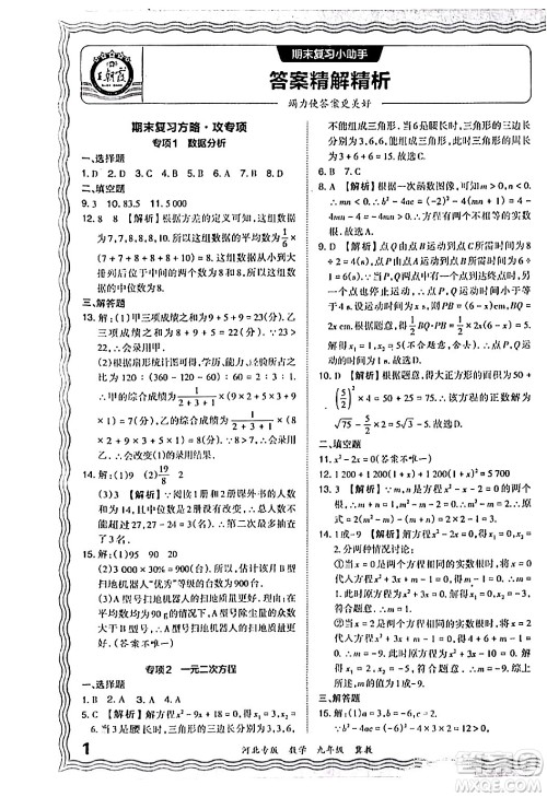 江西人民出版社2024年春王朝霞各地期末试卷精选九年级数学下册冀教版河北专版答案