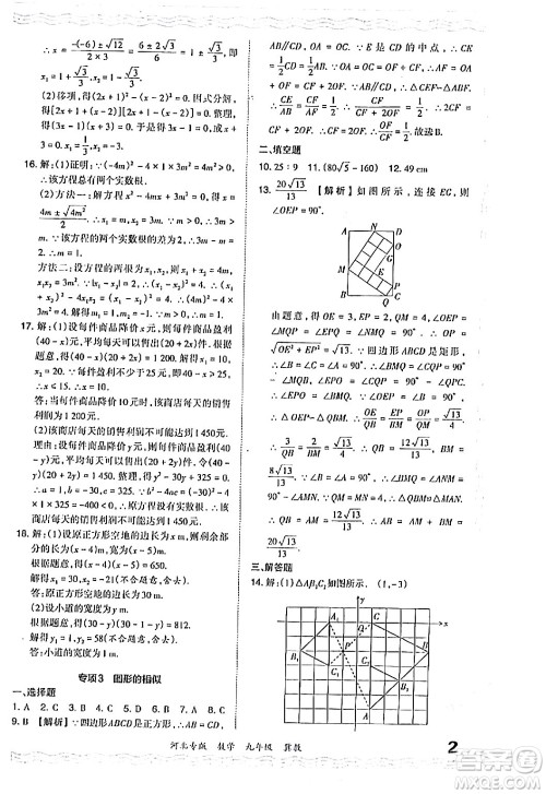 江西人民出版社2024年春王朝霞各地期末试卷精选九年级数学下册冀教版河北专版答案