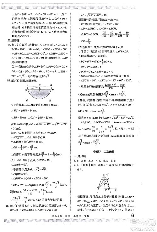 江西人民出版社2024年春王朝霞各地期末试卷精选九年级数学下册冀教版河北专版答案