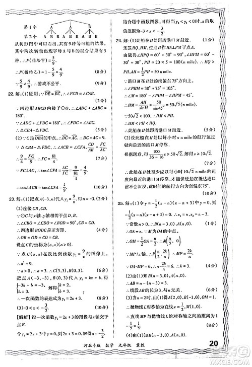 江西人民出版社2024年春王朝霞各地期末试卷精选九年级数学下册冀教版河北专版答案