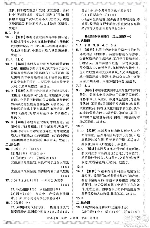 江西人民出版社2024年春王朝霞各地期末试卷精选七年级地理下册新课标版河南专版答案