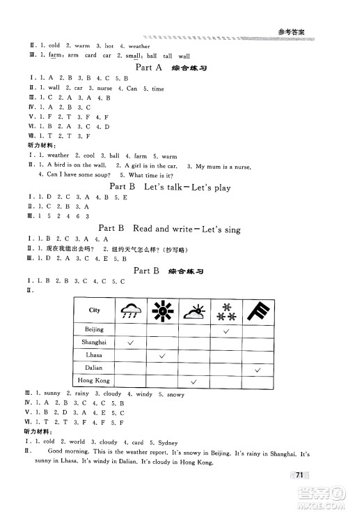 人民教育出版社2024年春小学同步练习册四年级英语下册人教PEP版答案