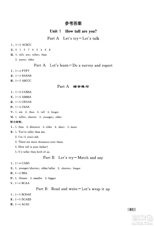 人民教育出版社2024年春小学同步练习册六年级英语下册人教PEP版答案 人民教育出版社2024年春小学同步练习册六年级英语下册人教PEP版答案