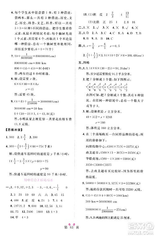 安徽师范大学出版社2024年春训练达人六年级数学下册人教版山东专版答案