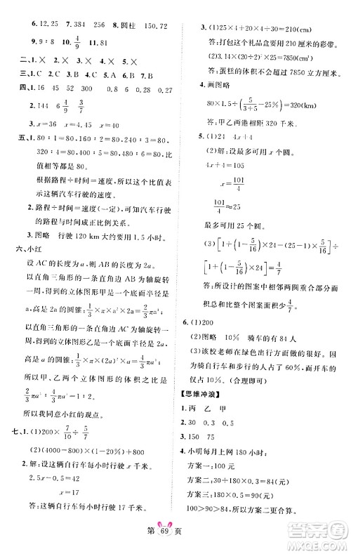 安徽师范大学出版社2024年春训练达人六年级数学下册人教版山东专版答案