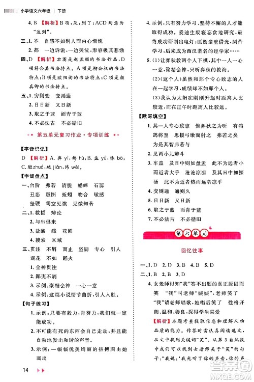 安徽师范大学出版社2024年春训练达人六年级语文下册人教版福建专版答案