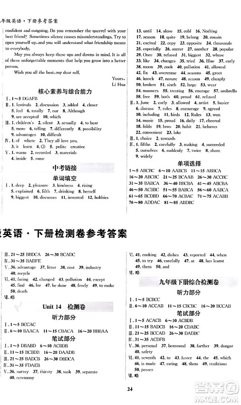 吉林教育出版社2024年春指南针课堂优化九年级英语下册人教版答案