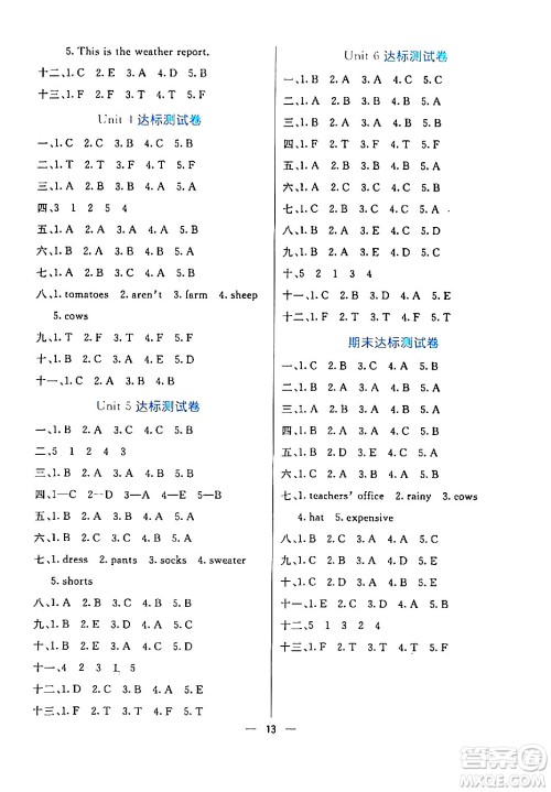 阳光出版社2024年春亮点激活提优天天练四年级英语下册人教版山东专版答案