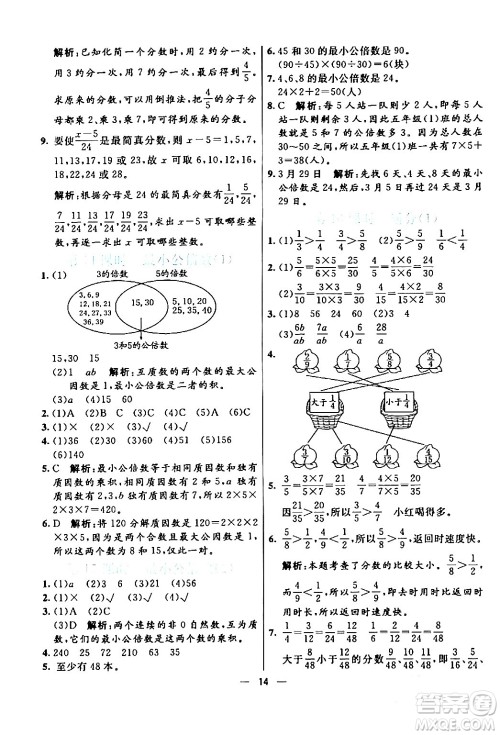 阳光出版社2024年春亮点激活提优天天练五年级数学下册人教版山东专版答案