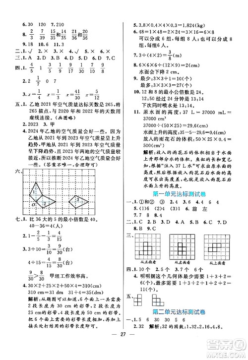 阳光出版社2024年春亮点激活提优天天练五年级数学下册人教版山东专版答案