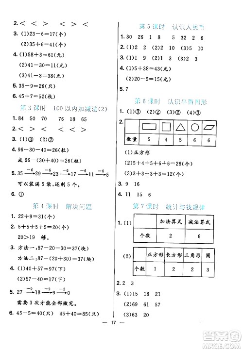 阳光出版社2024年春亮点激活提优天天练一年级数学下册人教版山东专版答案