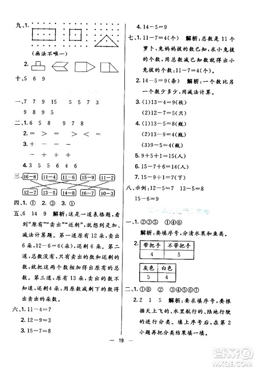 阳光出版社2024年春亮点激活提优天天练一年级数学下册人教版山东专版答案