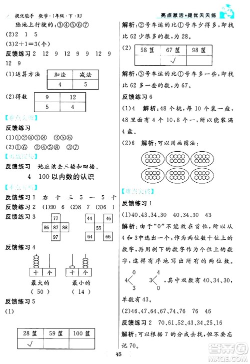 阳光出版社2024年春亮点激活提优天天练一年级数学下册人教版山东专版答案