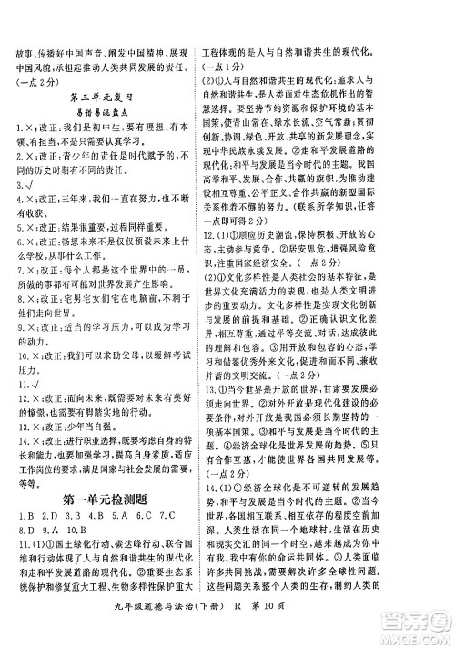 吉林教育出版社2024年春启航新课堂九年级道德与法治下册人教版答案
