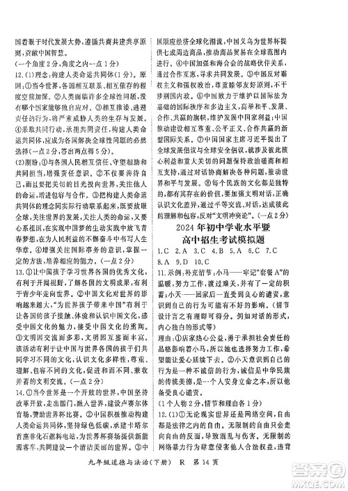 吉林教育出版社2024年春启航新课堂九年级道德与法治下册人教版答案