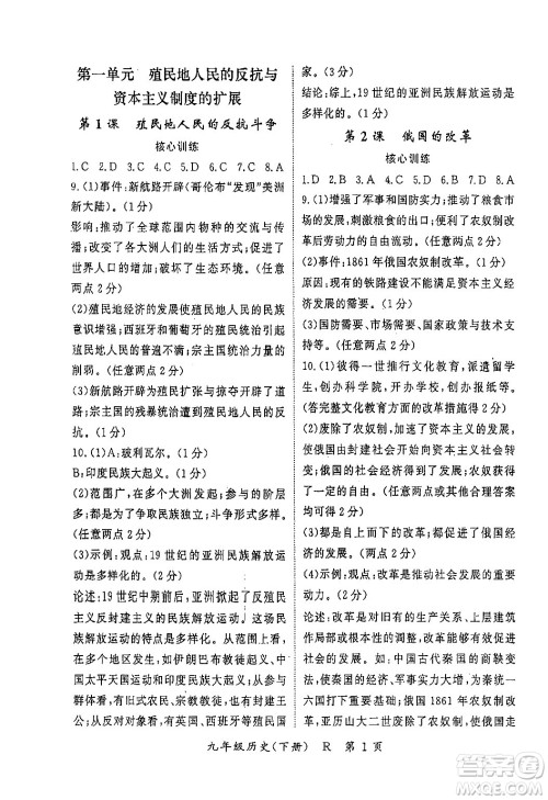 吉林教育出版社2024年春启航新课堂九年级历史下册人教版答案