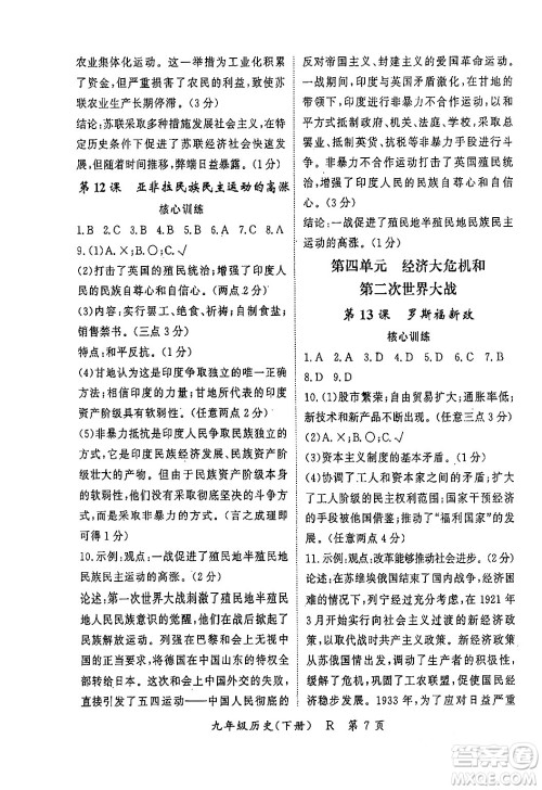 吉林教育出版社2024年春启航新课堂九年级历史下册人教版答案