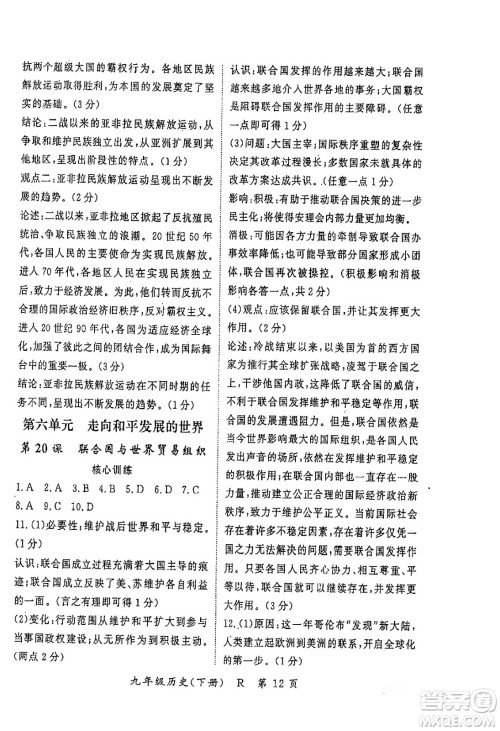 吉林教育出版社2024年春启航新课堂九年级历史下册人教版答案