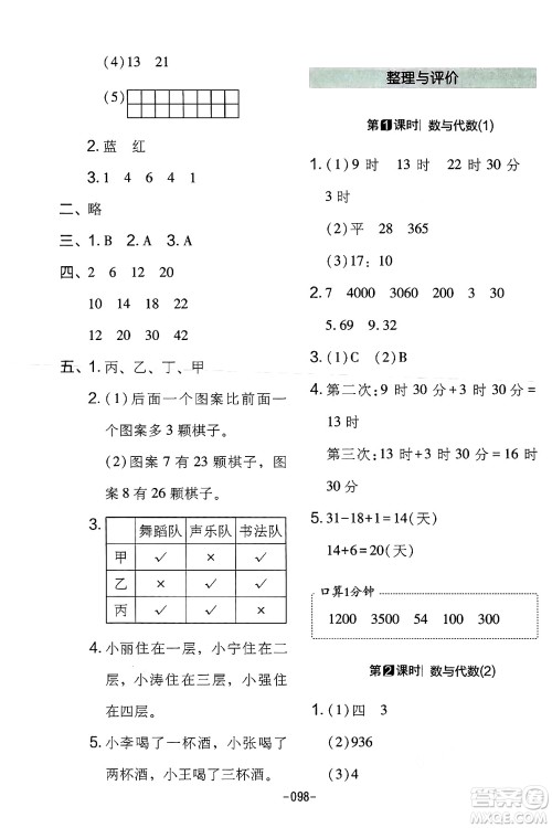 延边教育出版社2024年春红对勾作业本三年级数学下册冀教版答案