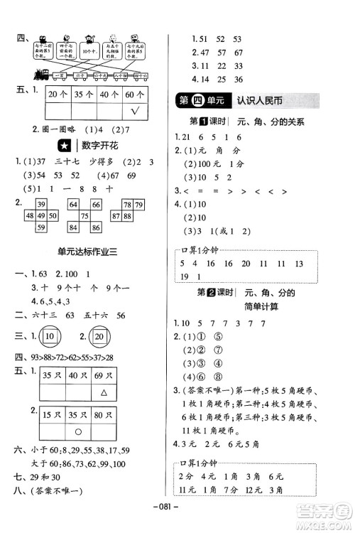 延边教育出版社2024年春红对勾作业本一年级数学下册冀教版答案