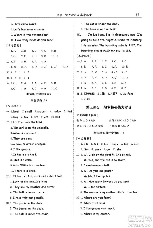 龙门书局2024年春黄冈小状元满分冲刺微测验期末复习专用三年级英语下册人教PEP版答案