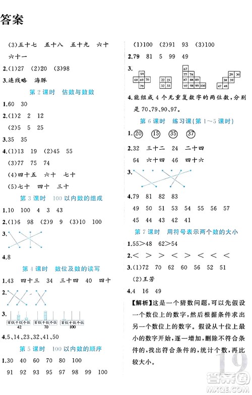 黑龙江教育出版社2024年春黄冈新课堂一年级数学下册冀教版答案